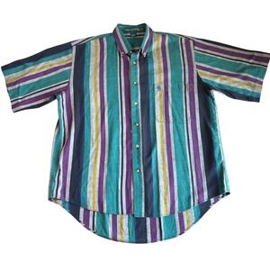 Vintage Mens Teal Green Striped Short Sleeve Button Down Shirt 90s Shirt